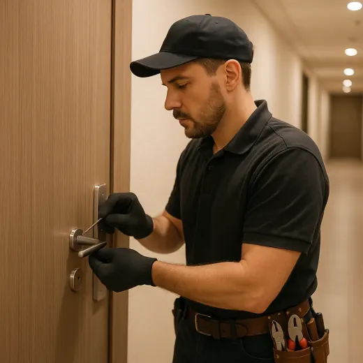 Профессиональный мастер работает с замком входной двери